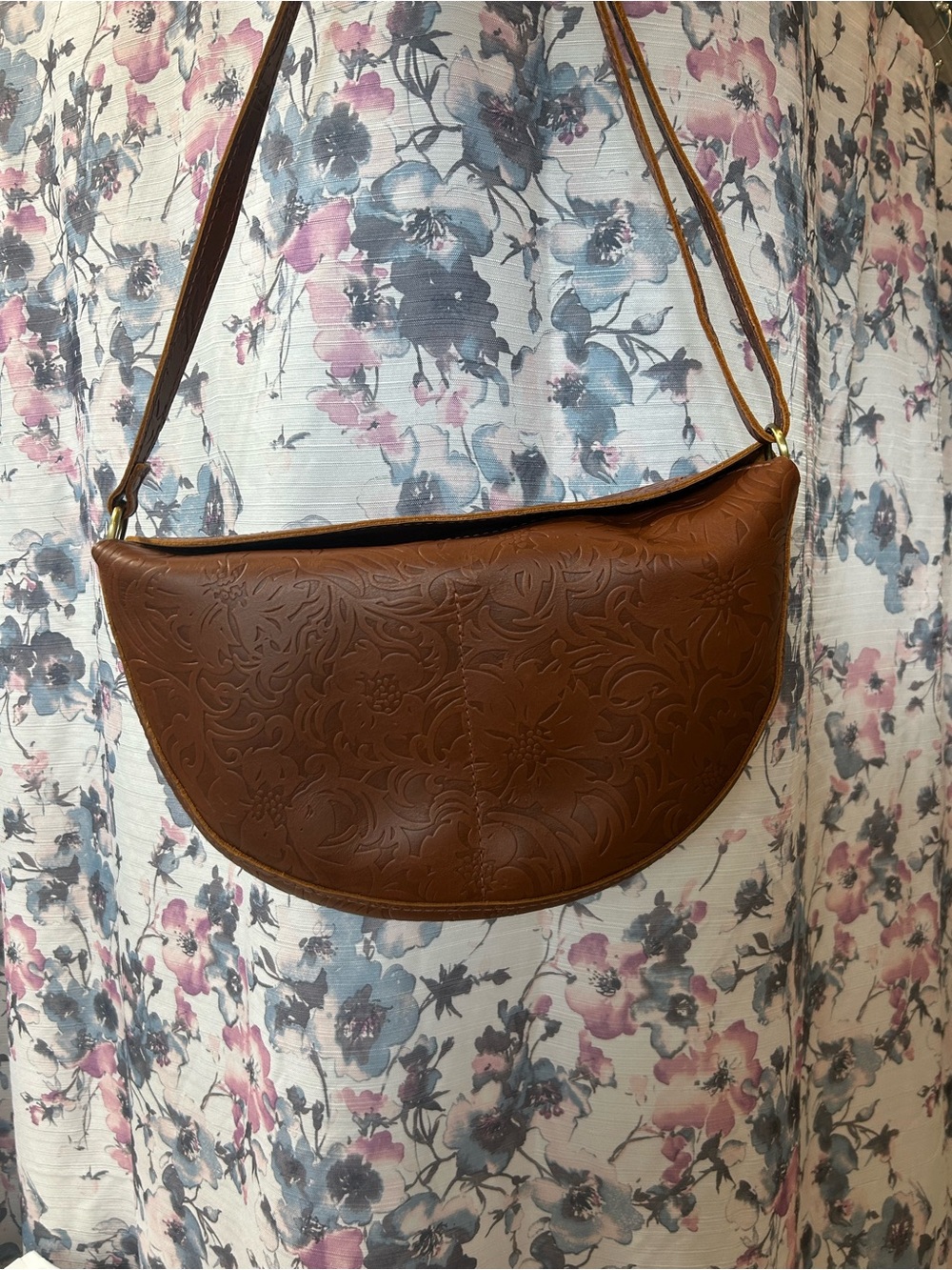Embossed Crescent Shoulder Bag - Brown
